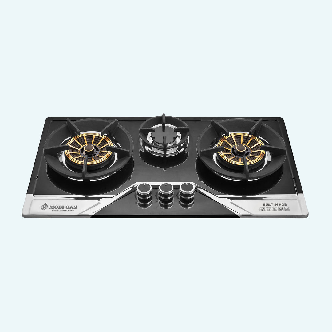 Mobi Gas MM-340 Built-In Hob with Imported Brass Burners and Grey Cast Iron Non-Stick Grills Back Top