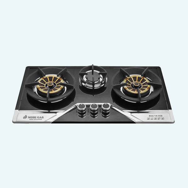 Mobi Gas MM-340 Built-In Hob with Imported Brass Burners and Grey Cast Iron Non-Stick Grills Back Top