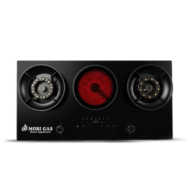 Mobi Gas X-321 Hybrid Electric + Gas Cooktop with Flip Burner / Butterfly Burner, Built-In Tempered Glass Hob for Modern Kitchens